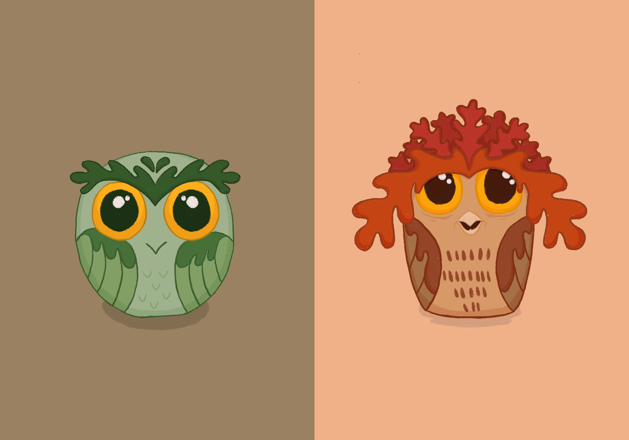 Illustration of stylized owl character design based on oak trees